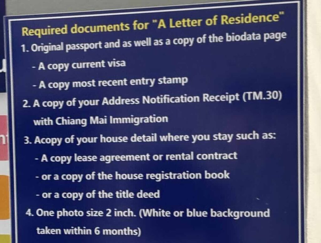 List of documents needed for getting the Certificate of Residency at the Chiang Mai Immigration Office